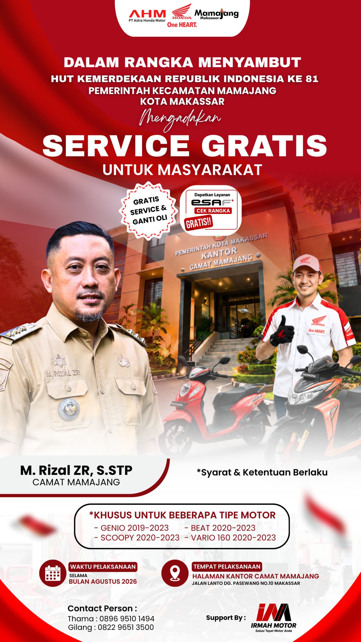 Sambut HUT ke-81 RI, Kecamatan Mamajang Hadirkan Program Servis Motor Gratis untuk Warga